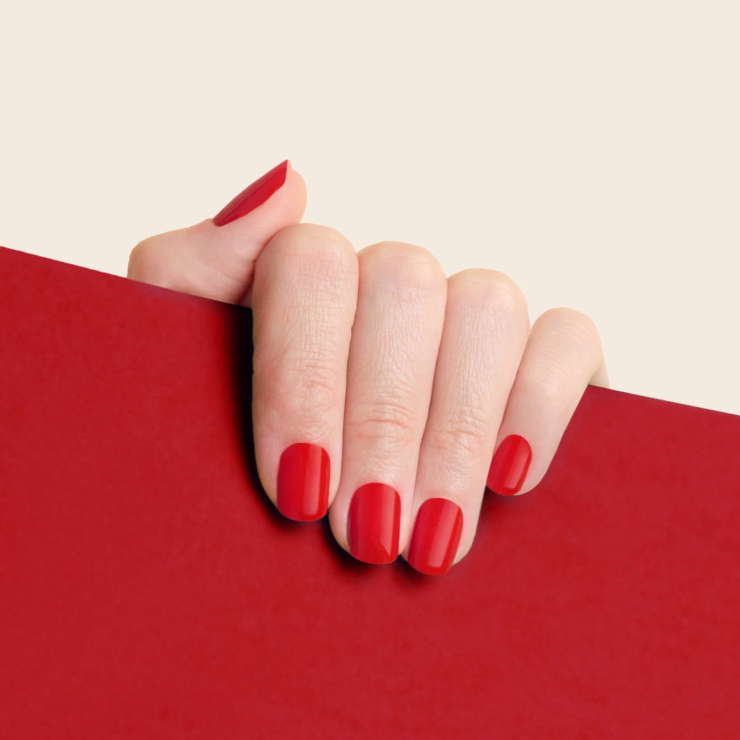 mesme Angela Classic Red 3-Day UV-Free Gel Nail Wraps On Hand