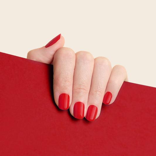 mesme Angela Classic Red 3-Day UV-Free Gel Nail Wraps On Hand