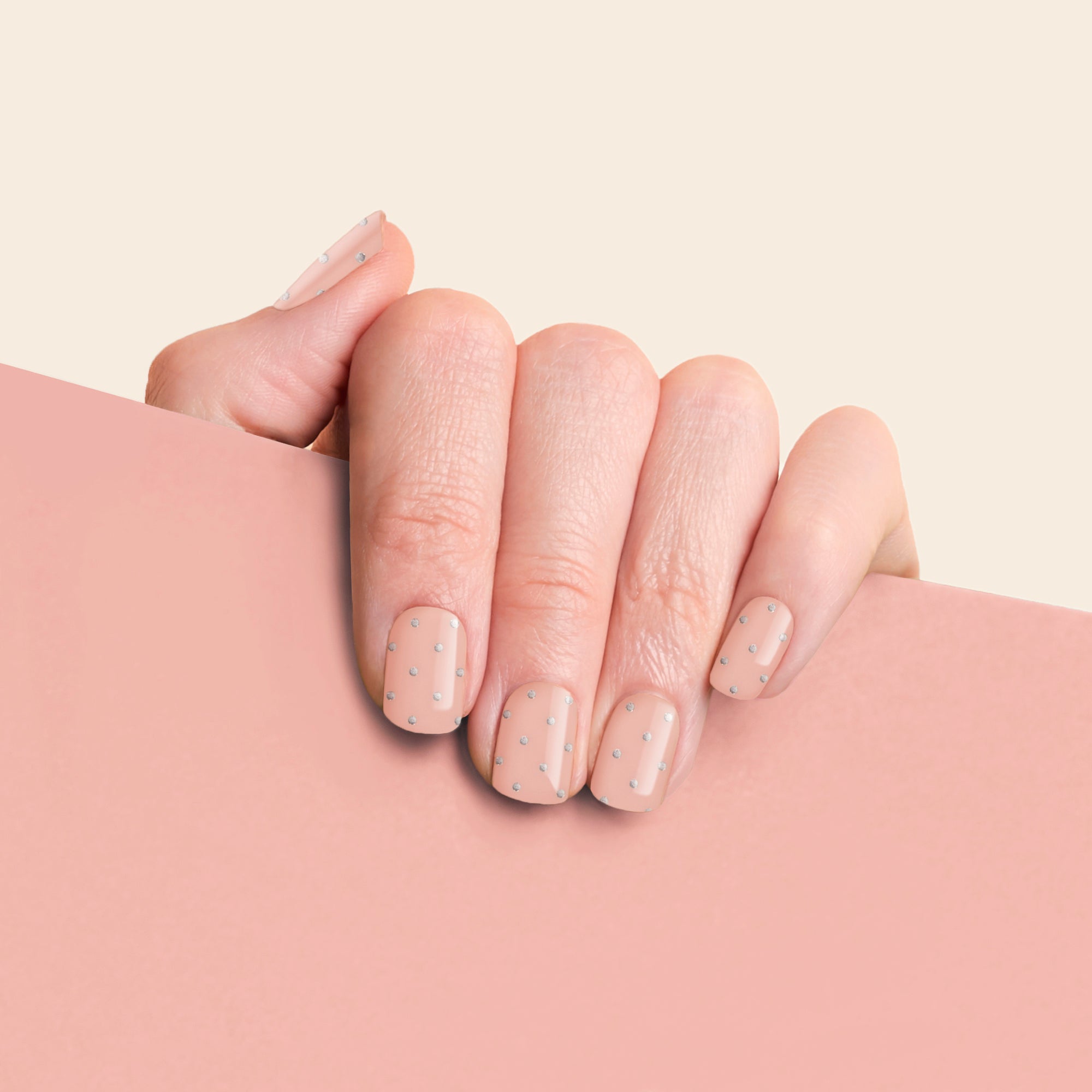 mesme Dalia Nude Nails with Silver Dots 14-Day UV Gel Nail Wraps On Hand
