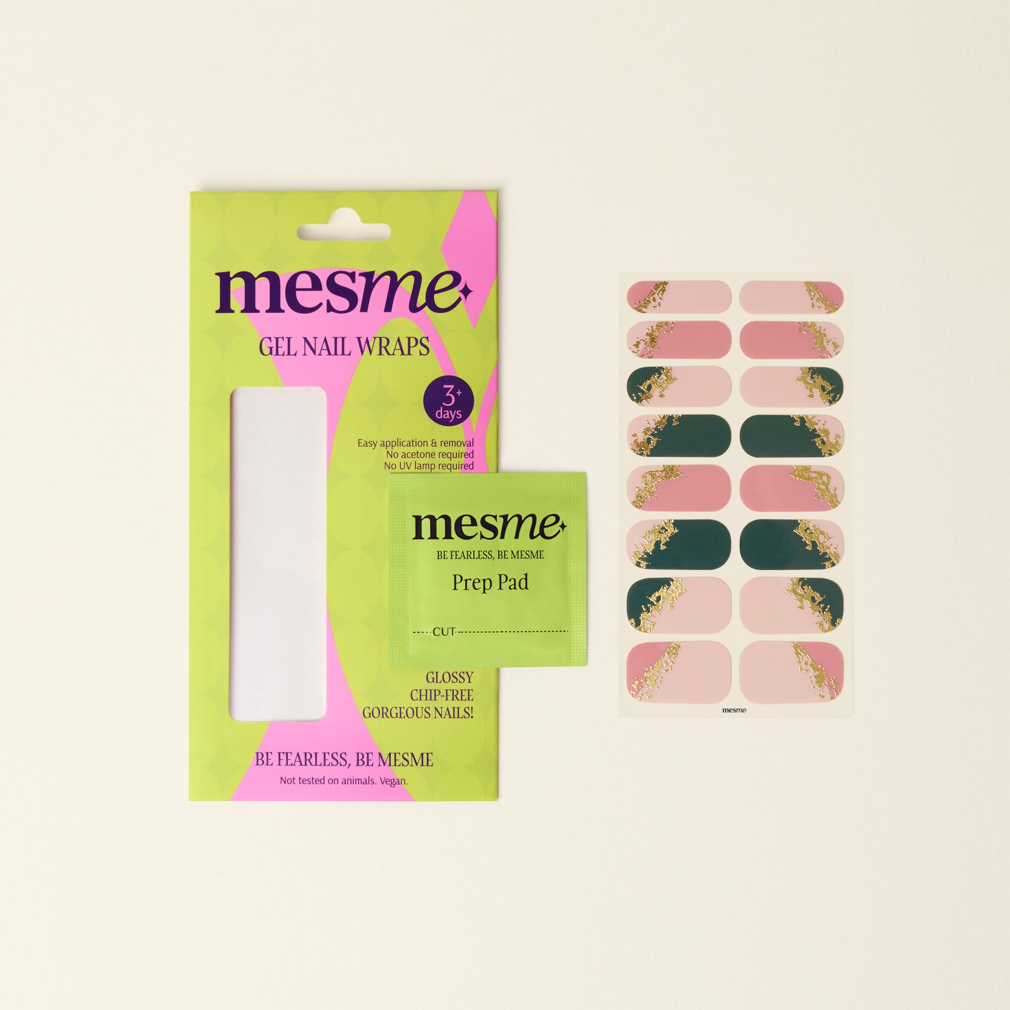 mesme Jasmina Emerald Green & Blush Pink 3+ Day UV-Free Gel Nail Wraps — Packaging