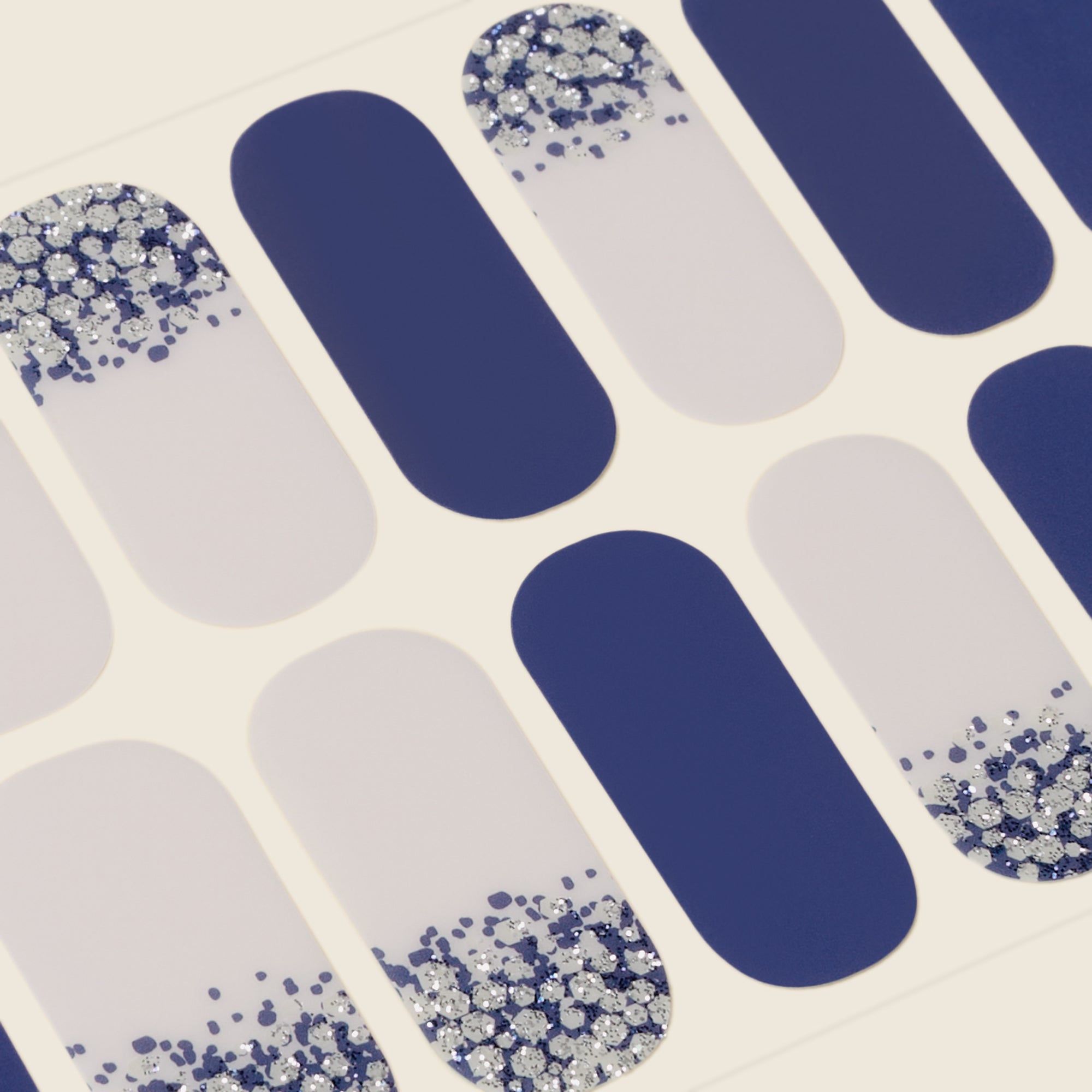 mesme Joy Navy & Glitter 3+ Day UV-Free Gel Nail Wraps — Strip Sheet Close-Up