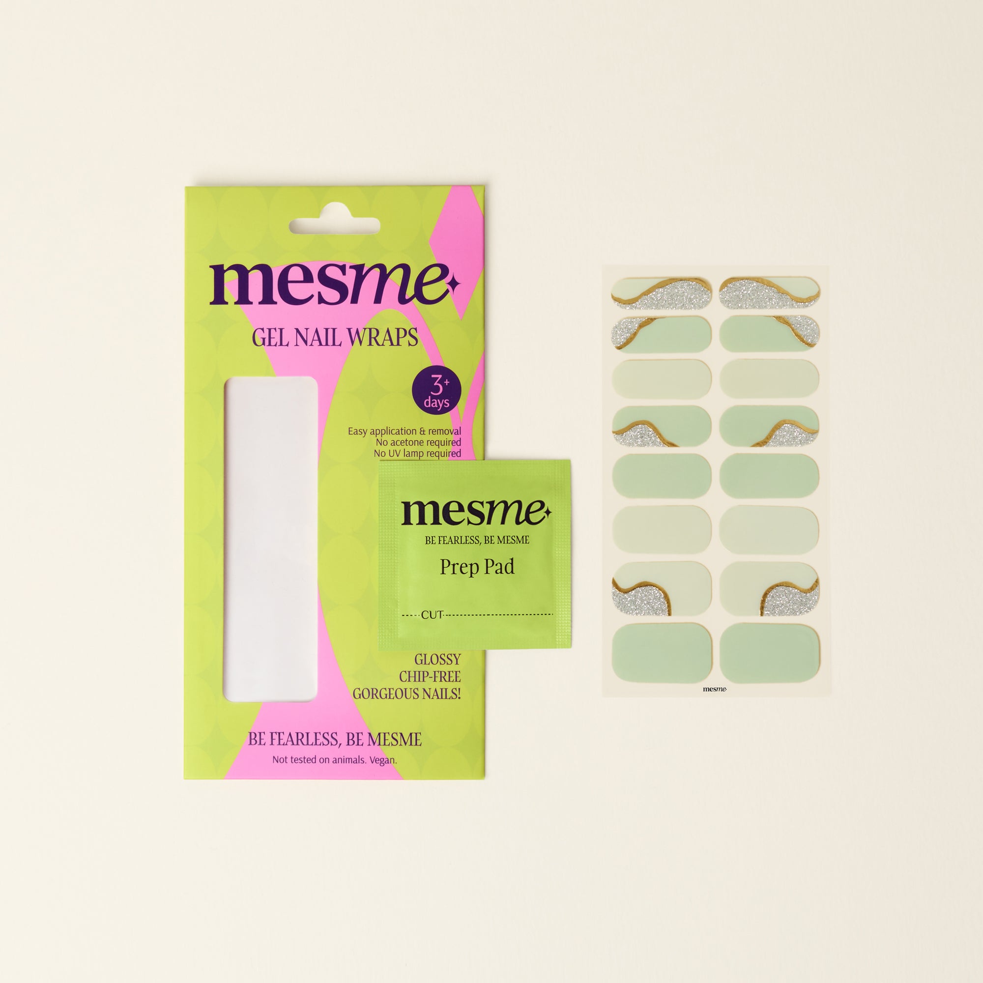 mesme Kim Sage Green 3+ Day UV-Free Gel Nail Wraps — Packaging
