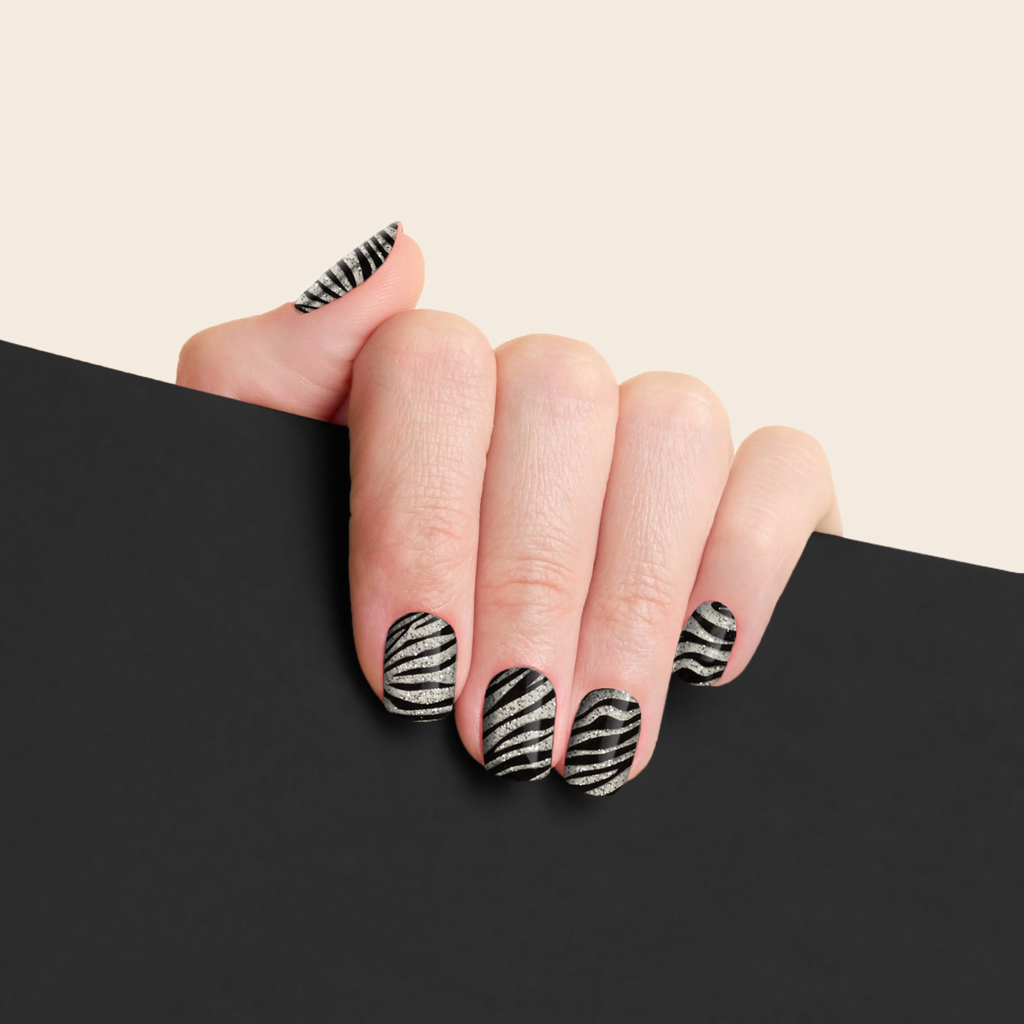 mesme Leilah Black Grey Zebra Print 3+ Day UV-Free Gel Nail Wraps On Hand