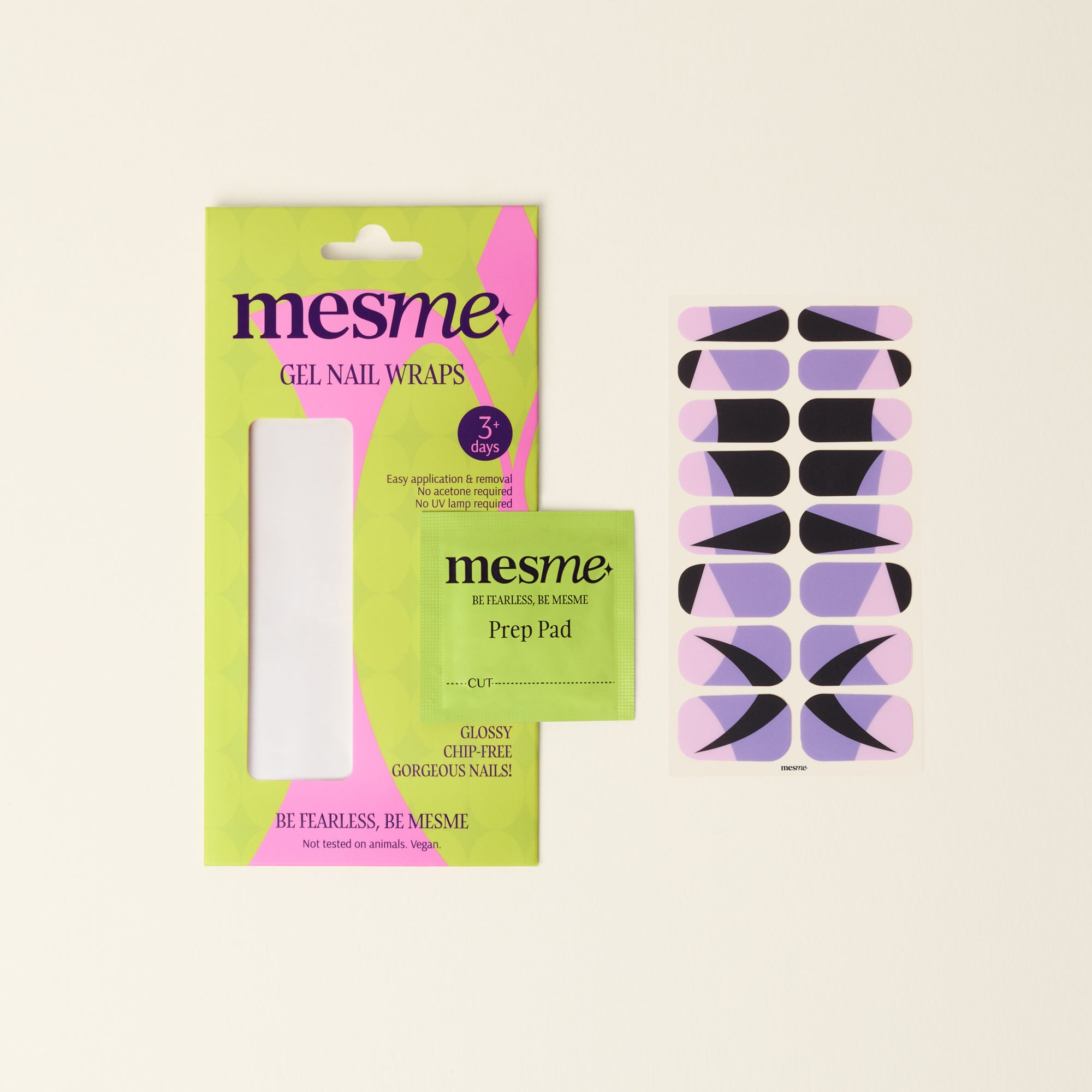 mesme Maya Lilac, Soft Pink & Jet Black 3+ Day UV-Free Gel Nail Wraps — Packaging