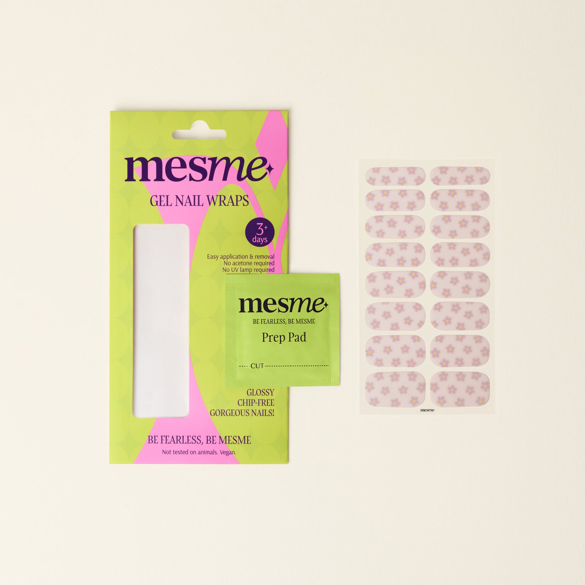 mesme Mia Pastel Daisy 3+ Day UV-Free Gel Nail Wraps — Packaging