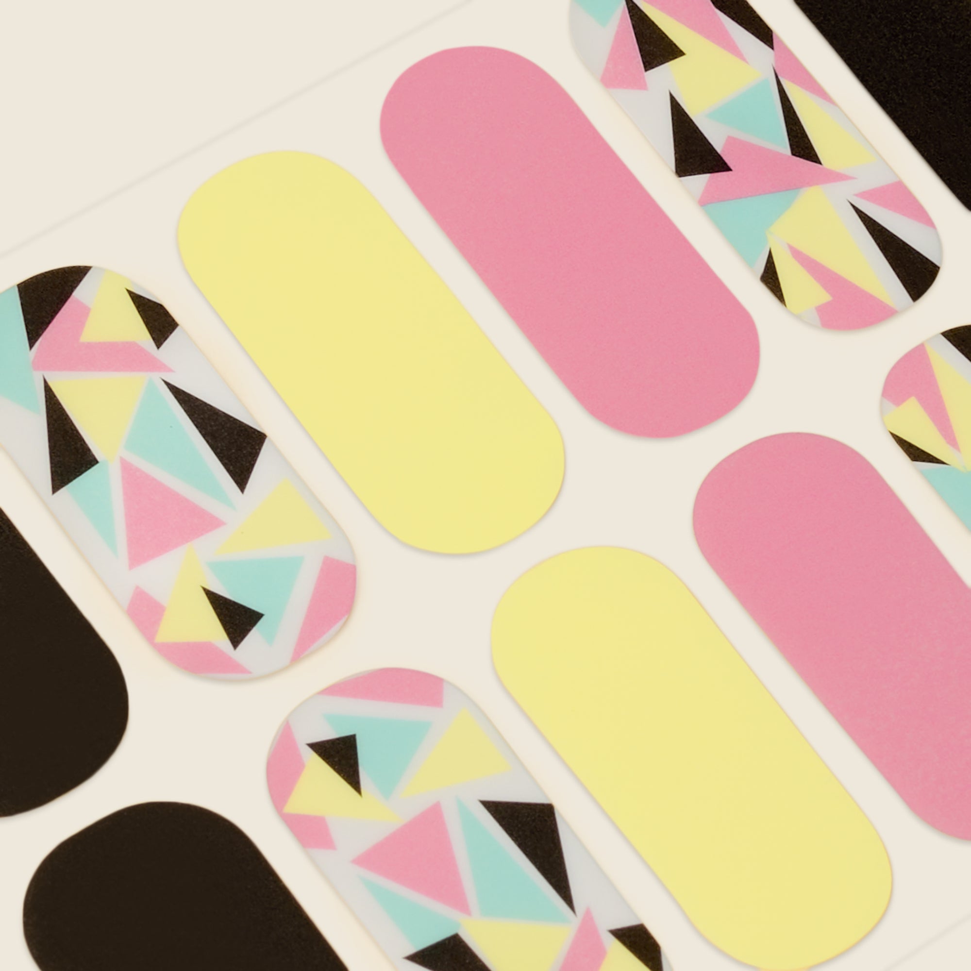 mesme Risa Black, Pastel Yellow, Sky Blue 3+ Day UV-Free Gel Nail Wraps — Strip Sheet Close-Up